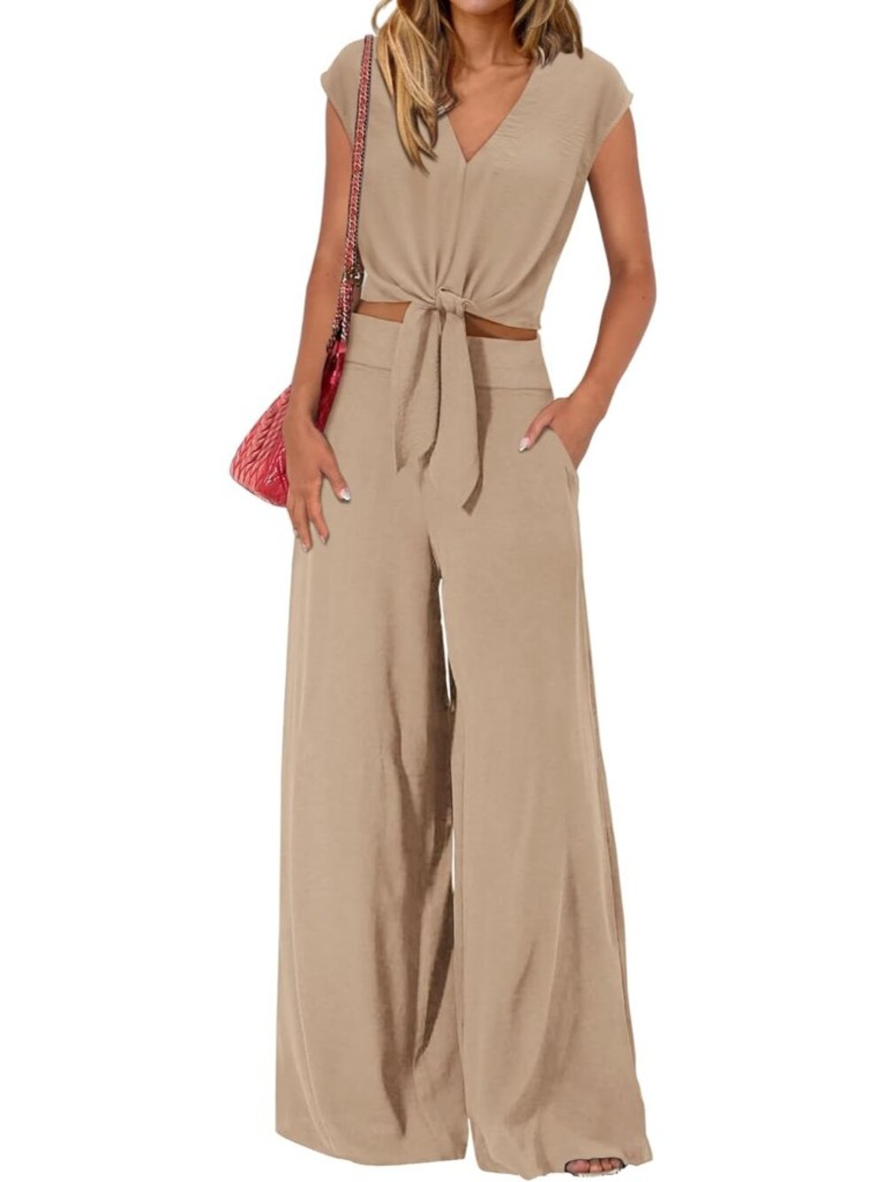 Women's Khaki Summer 2 Piece Outfits Cap Sleeve V Neck Belted Crop Tops